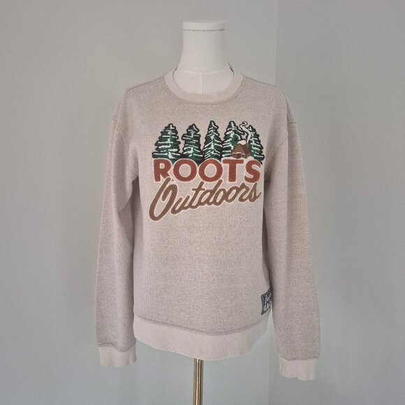Roots outdoors graphic crewneck sweater with embroidery, size XS - Picture 1 of 15